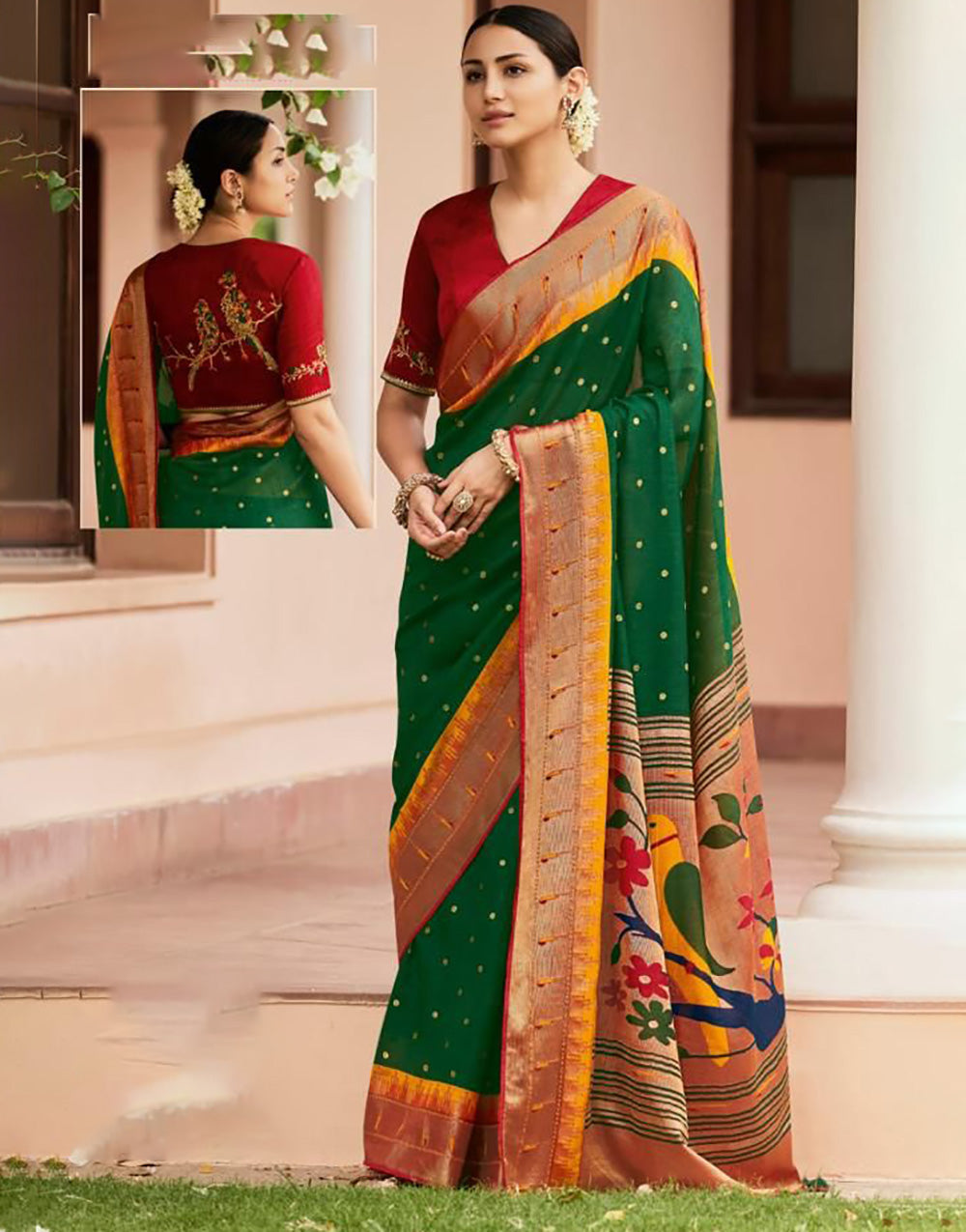 Green  Paithani Silk Saree With Zari Weaving Work