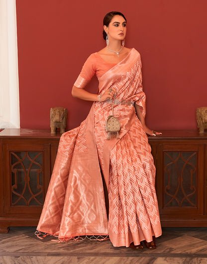 Peach Silk Saree With Weaving Work