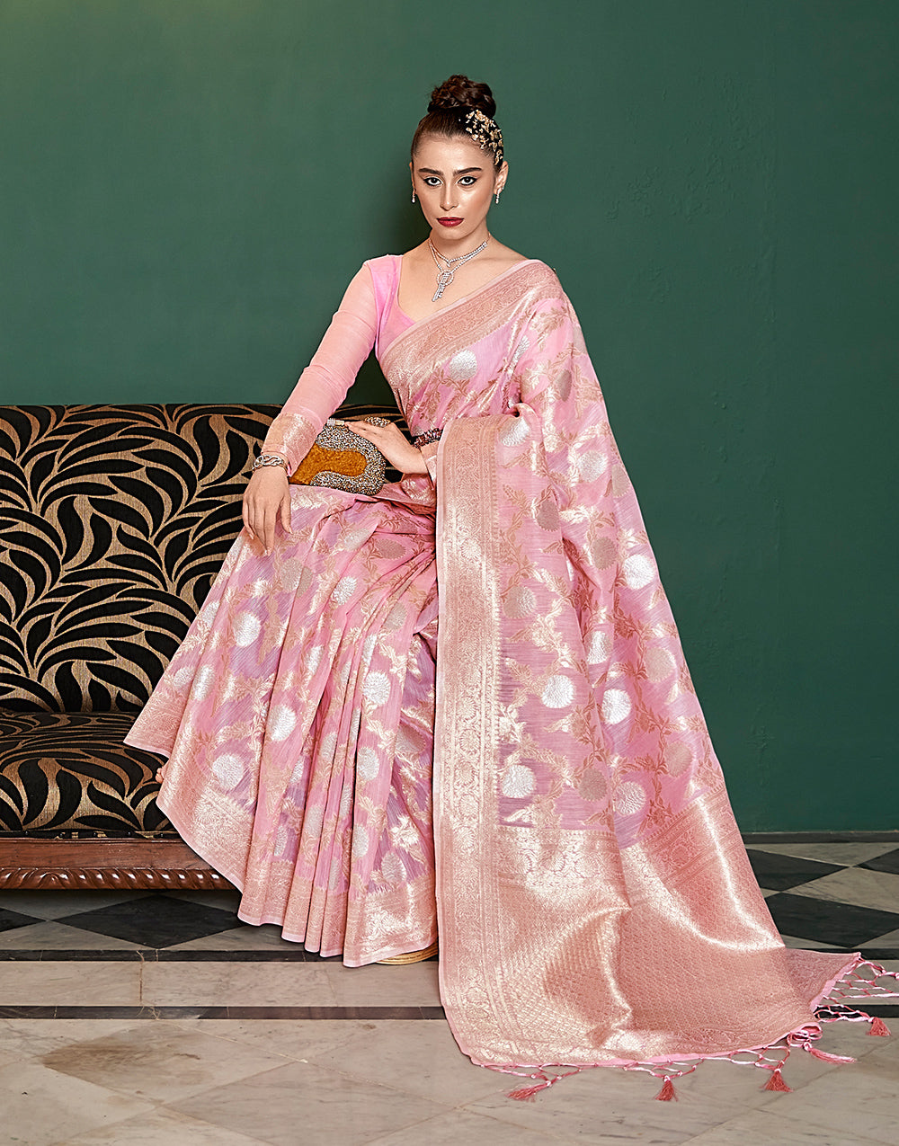 Light Pink Silk Saree With Weaving Work