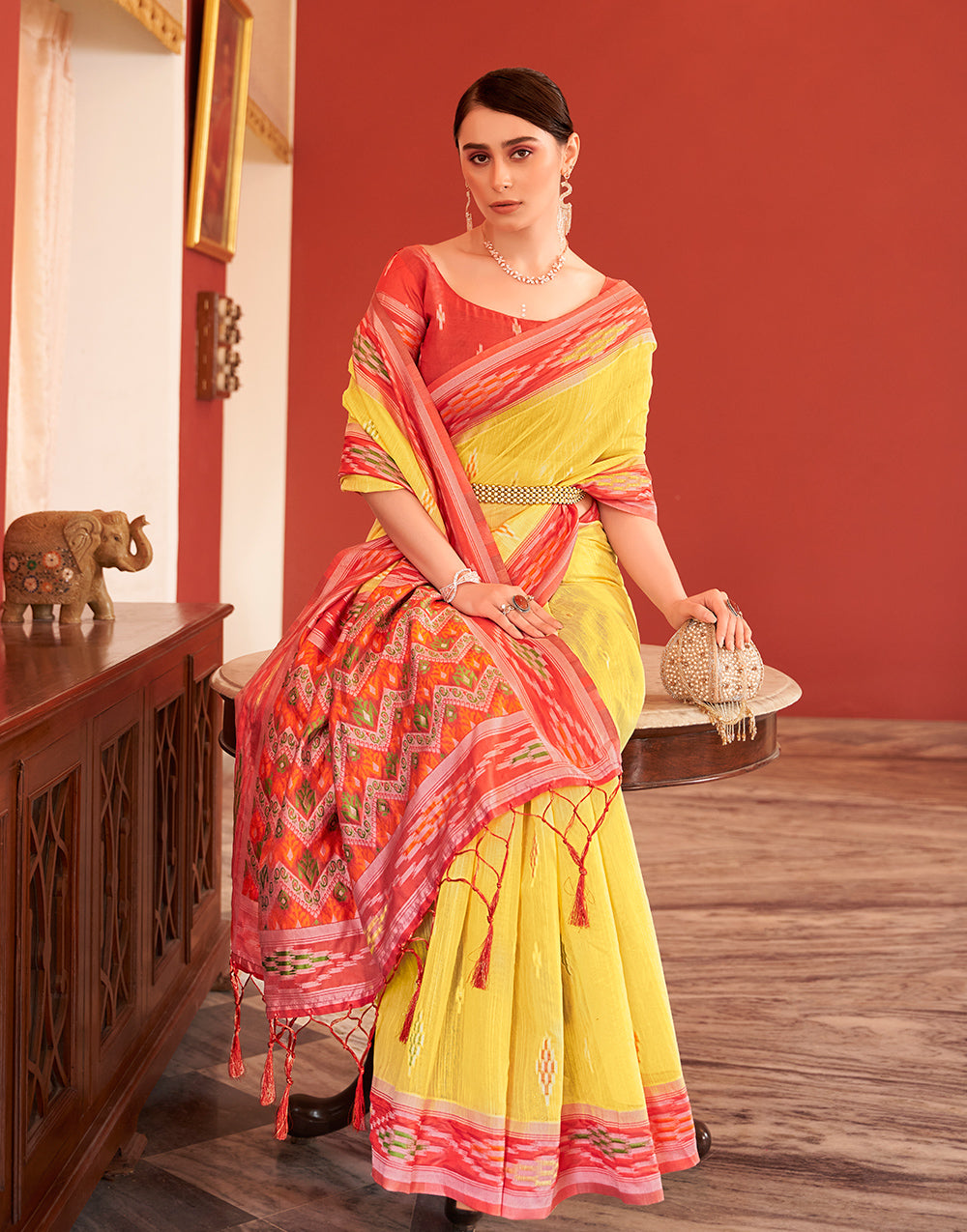 Yellow Cotton Saree With Printed Work