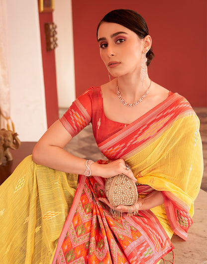 Yellow Cotton Saree With Printed Work