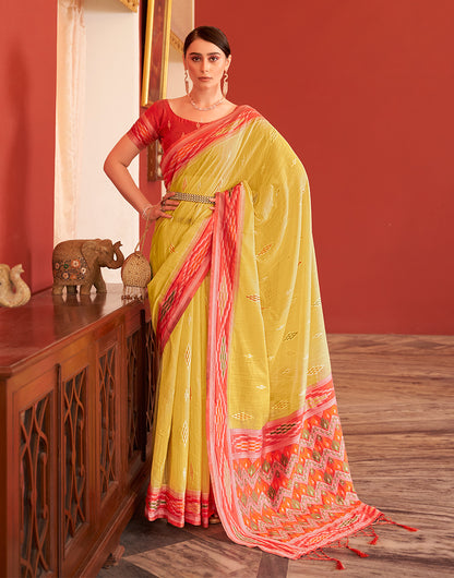 Yellow Cotton Saree With Printed Work