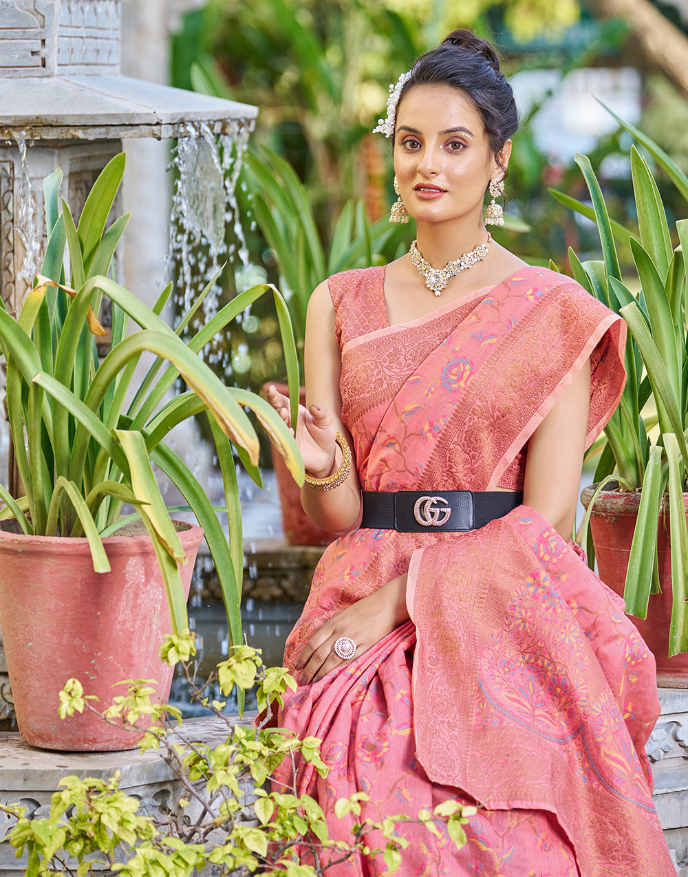 Baby Pink Pashamina Saree With Weaving Work