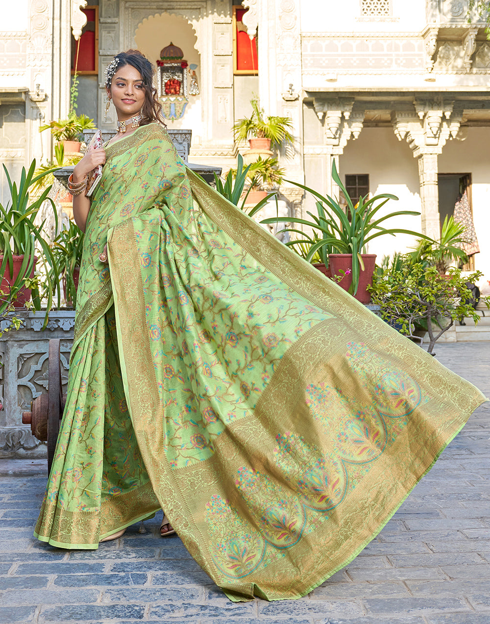 Light Green Pashamina Saree With Weaving Work