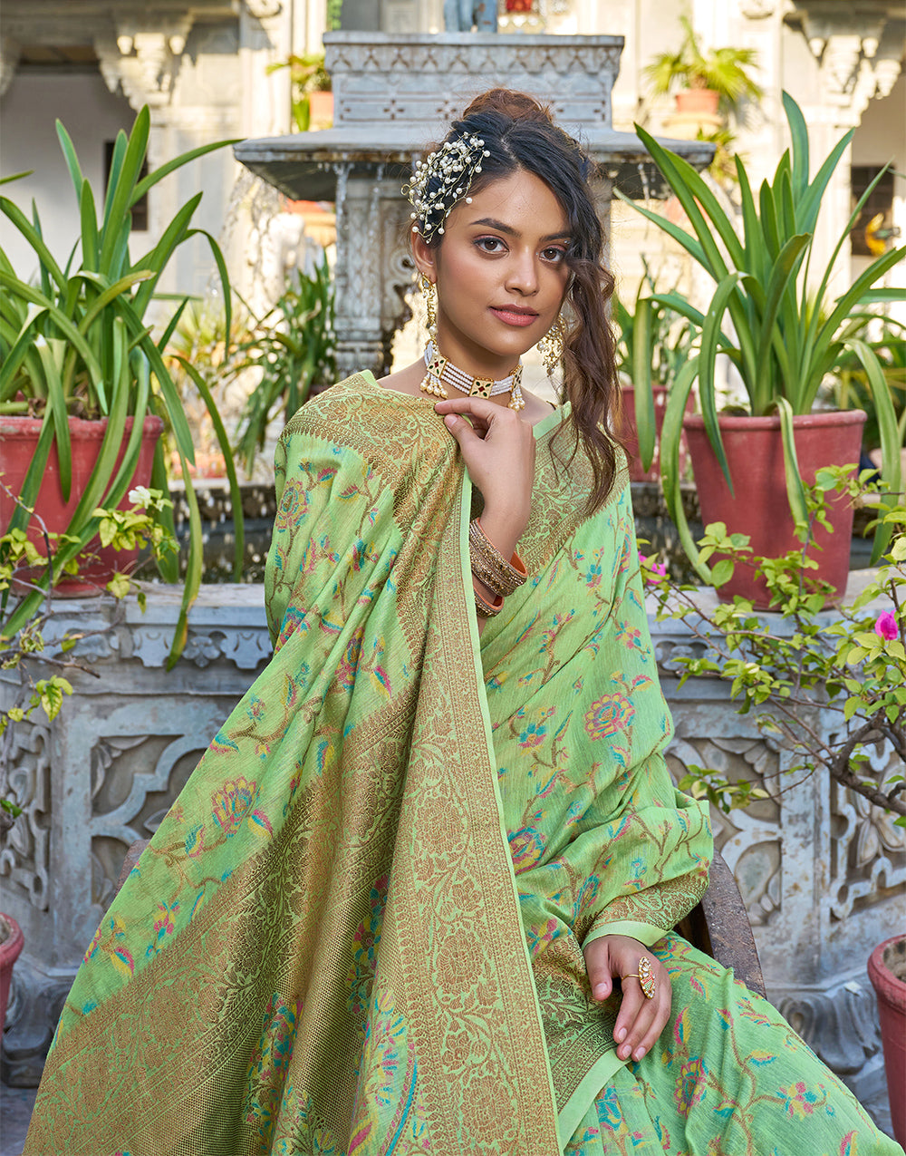 Light Green Pashamina Saree With Weaving Work