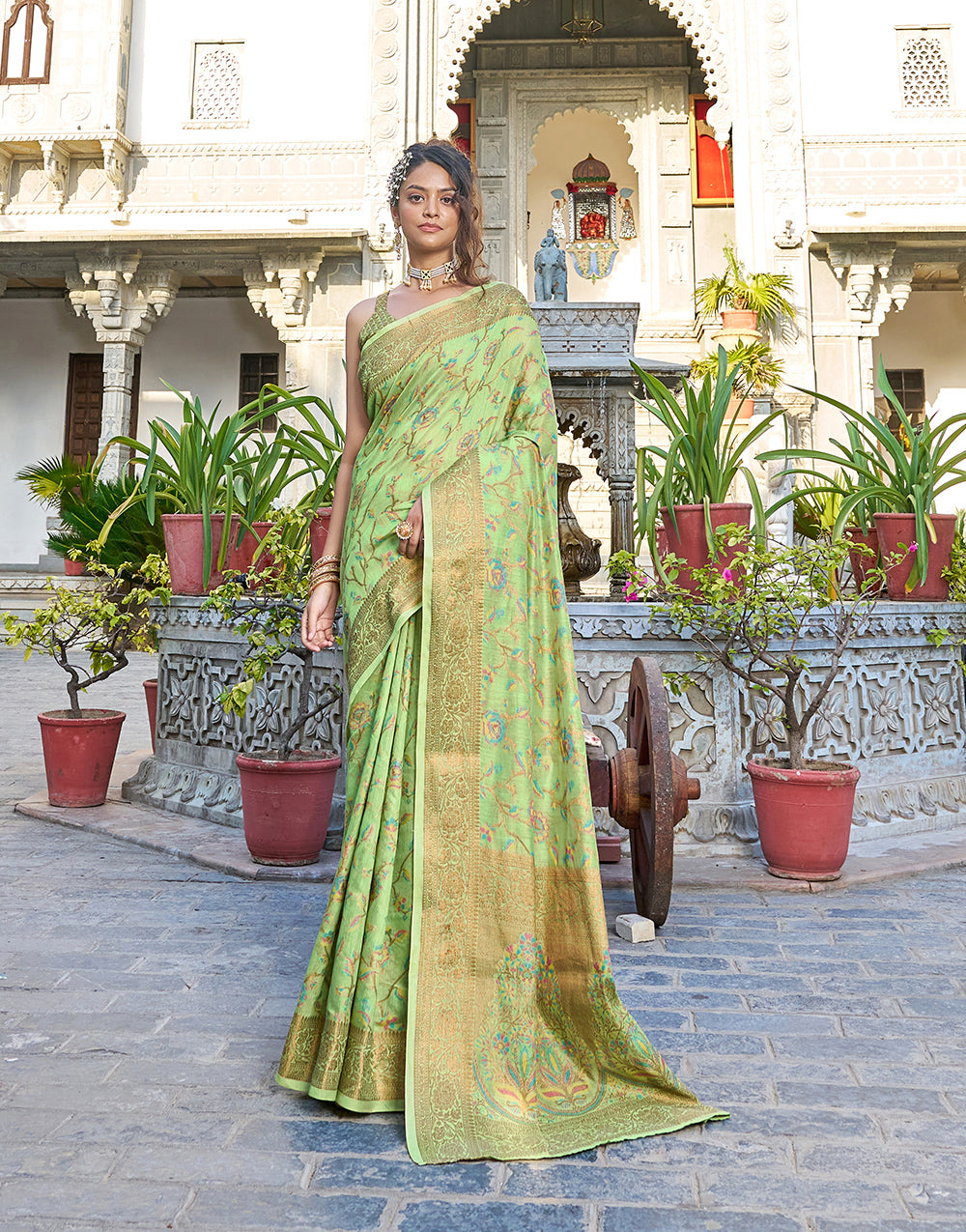 Light Green Pashamina Saree With Weaving Work