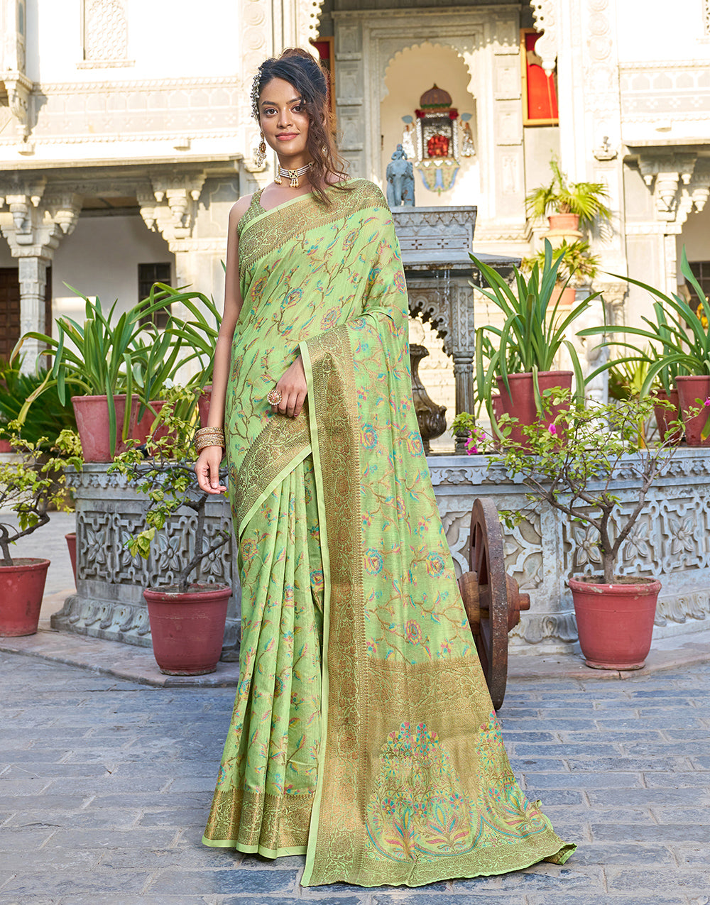 Light Green Pashamina Saree With Weaving Work