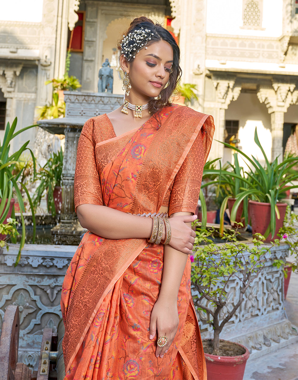 Light Orange Pashamina Saree With Weaving Work