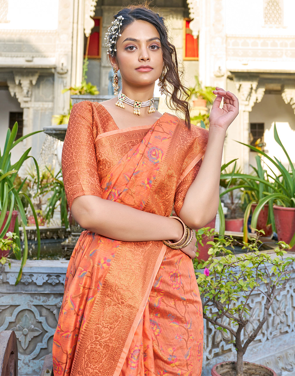 Light Orange Pashamina Saree With Weaving Work