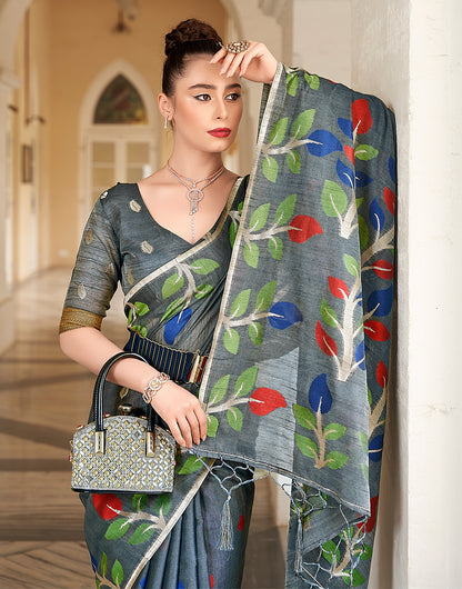 Dark Grey Linen Saree With Printed Work