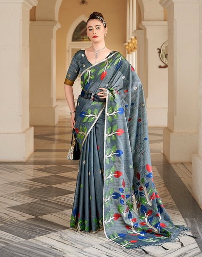 Dark Grey Linen Saree With Printed Work