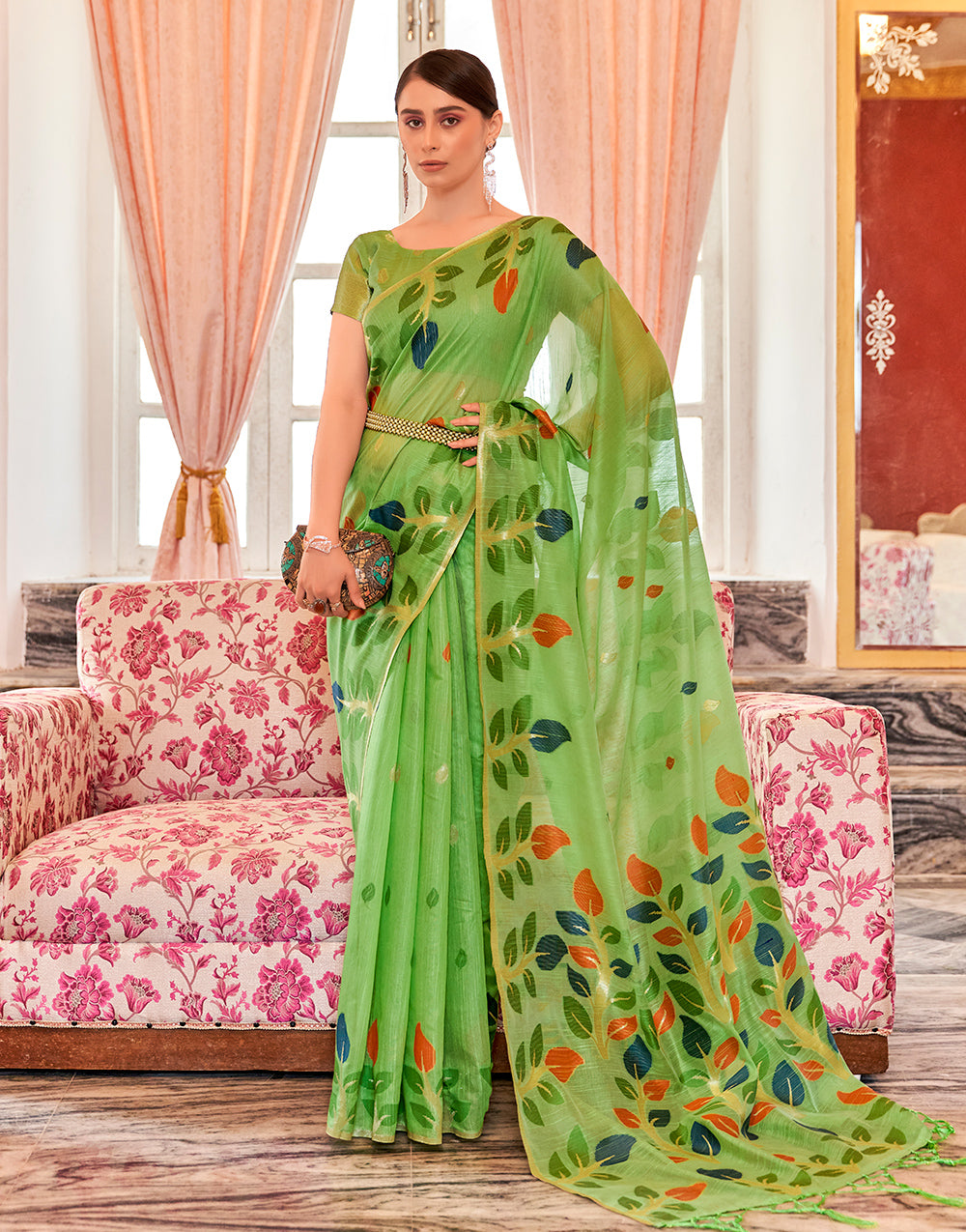 Parrot Green Linen Saree With Printed Work