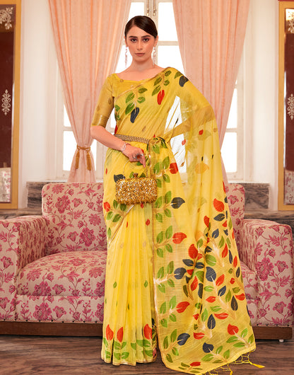 Yellow Linen Saree With Printed Work