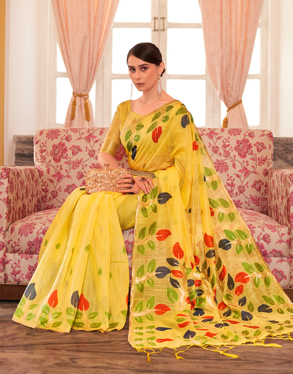 Yellow Linen Saree With Printed Work