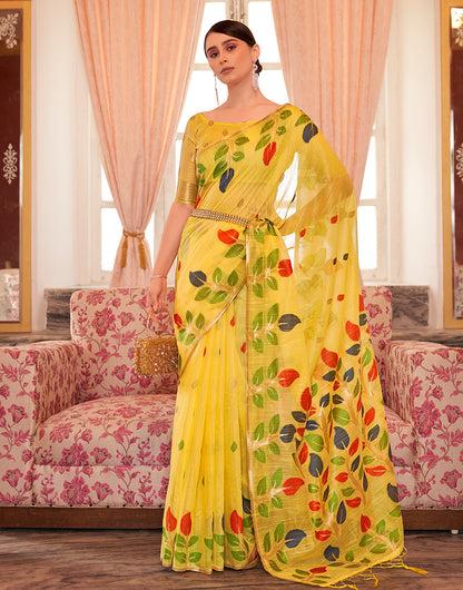 Yellow Linen Saree With Printed Work