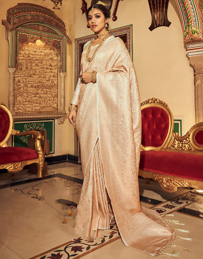 Rose Gold White Soft Handloom Silk Saree With Zari Weaving Work
