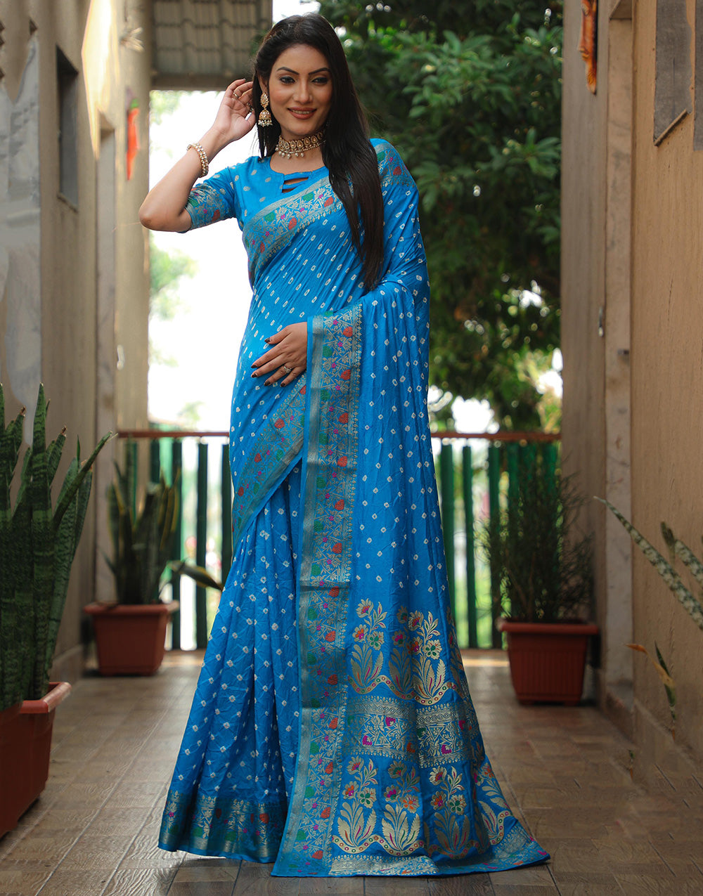 Azure Blue Hand Bandhej Bandhani Saree With Zari Weaving Work