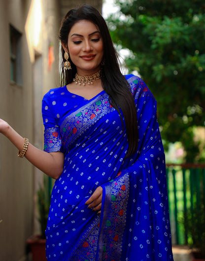 Blue Hand Bandhej Bandhani Saree With Zari Weaving Work