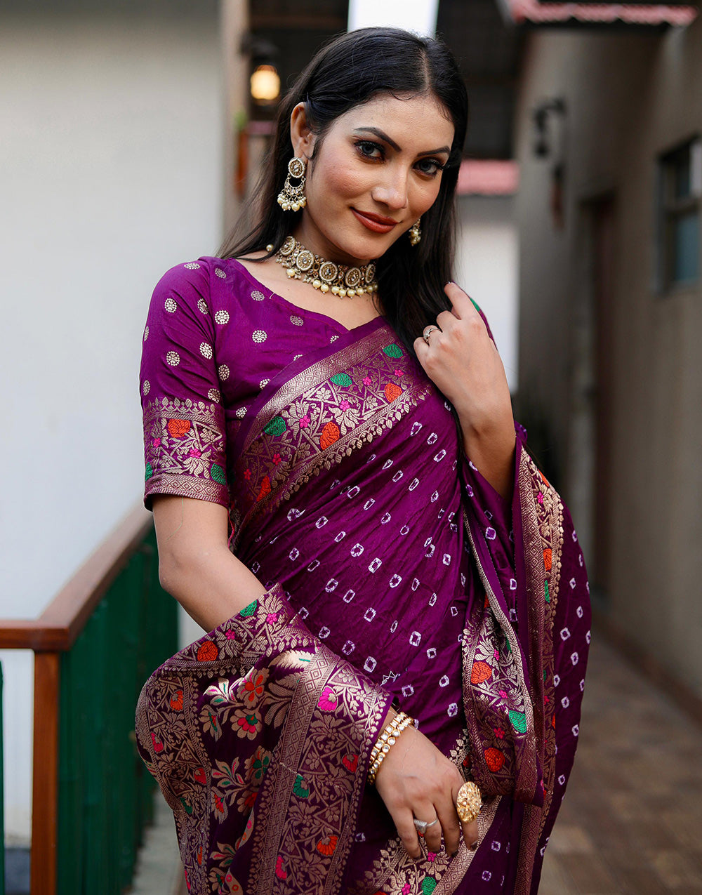 Wine Hand Bandhej Bandhani Saree With Zari Weaving Work