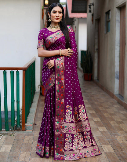 Wine Hand Bandhej Bandhani Saree With Zari Weaving Work