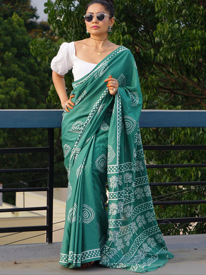 Green Mul Cotton Ready To Wear Saree With Pocket