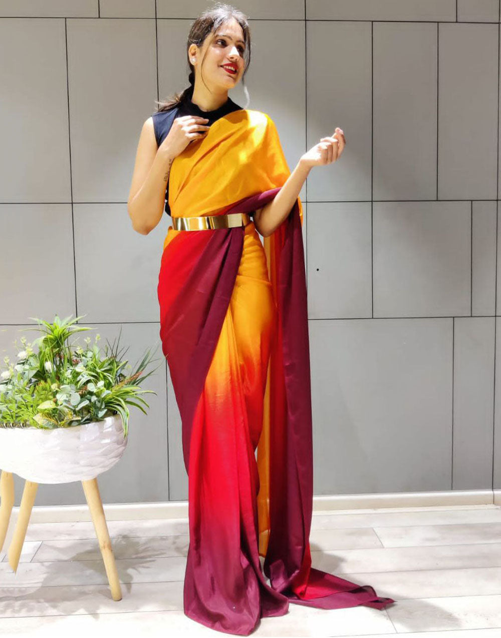 Yellow & Red Silk Ready To Wear Saree