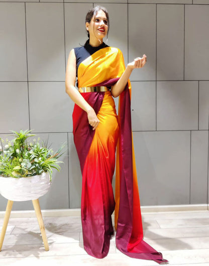 Yellow & Red Silk Ready To Wear Saree