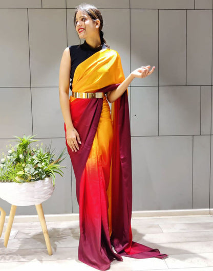 Yellow & Red Silk Ready To Wear Saree