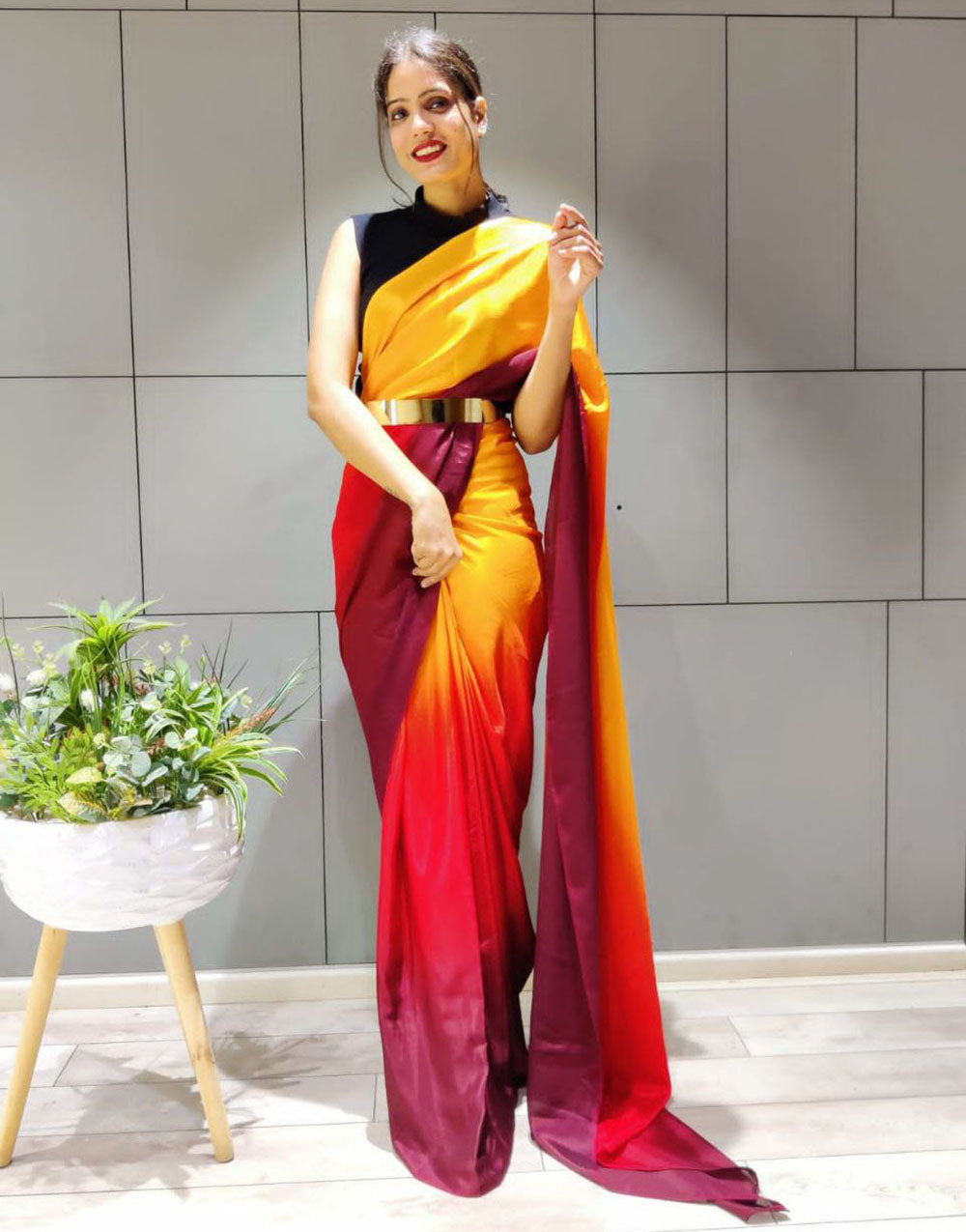 Yellow & Red Silk Ready To Wear Saree