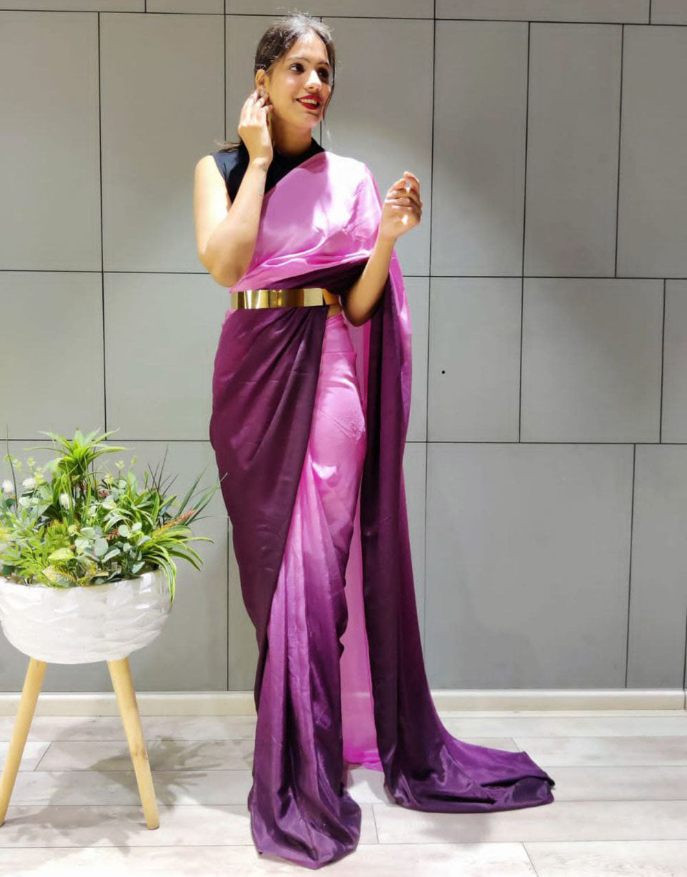 Pink & Wine Silk Ready To Wear Saree