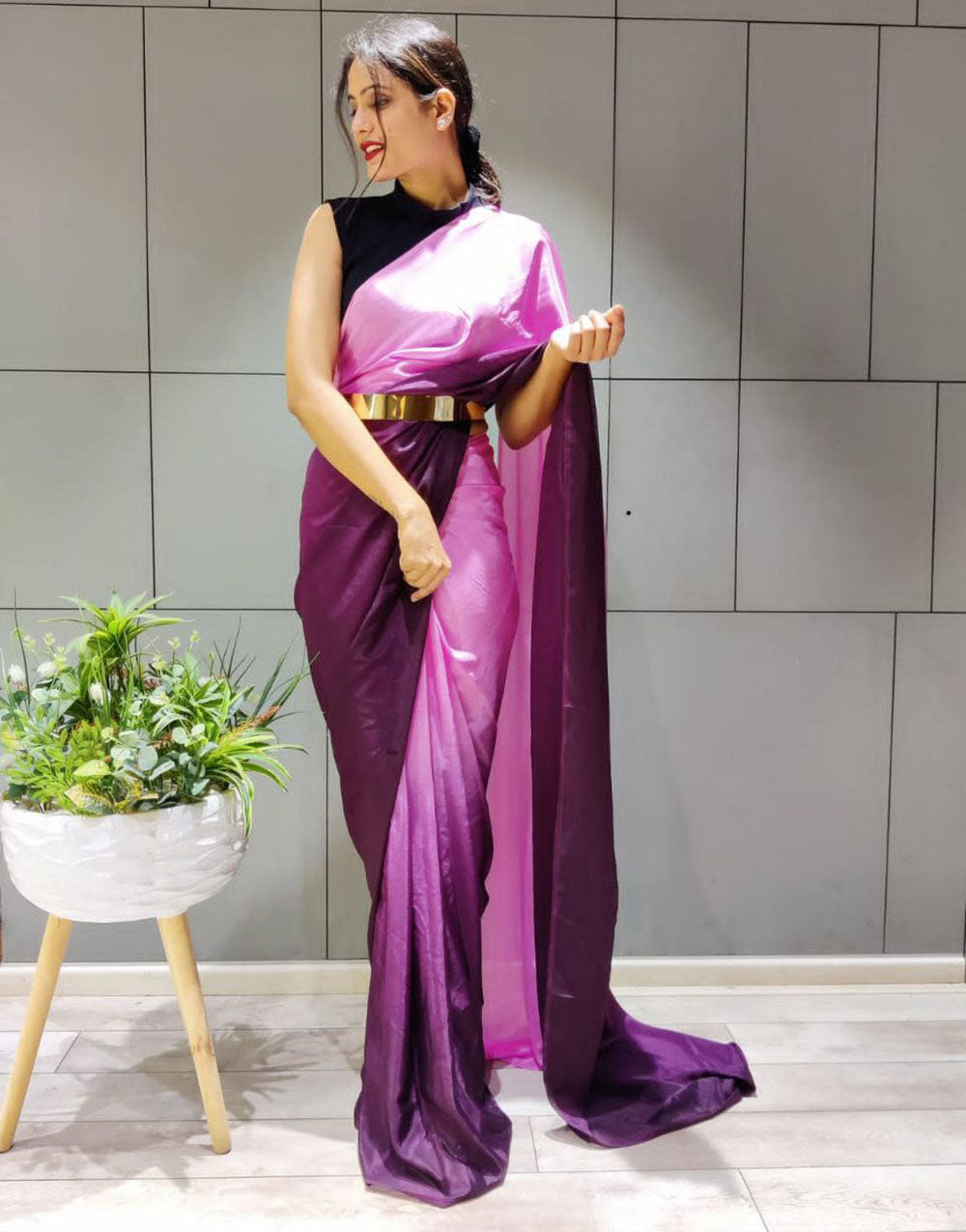 Pink & Wine Silk Ready To Wear Saree