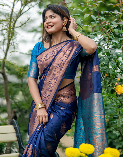 Navy Blue Soft Banarasi Silk Saree With Zari Weaving Work