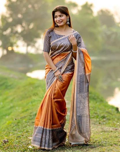 Mustard Yellow Tussar Silk Saree With Madhubani Printed Work