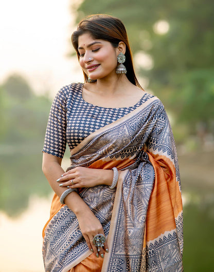 Mustard Yellow Tussar Silk Saree With Madhubani Printed Work