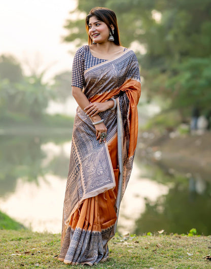 Mustard Yellow Tussar Silk Saree With Madhubani Printed Work