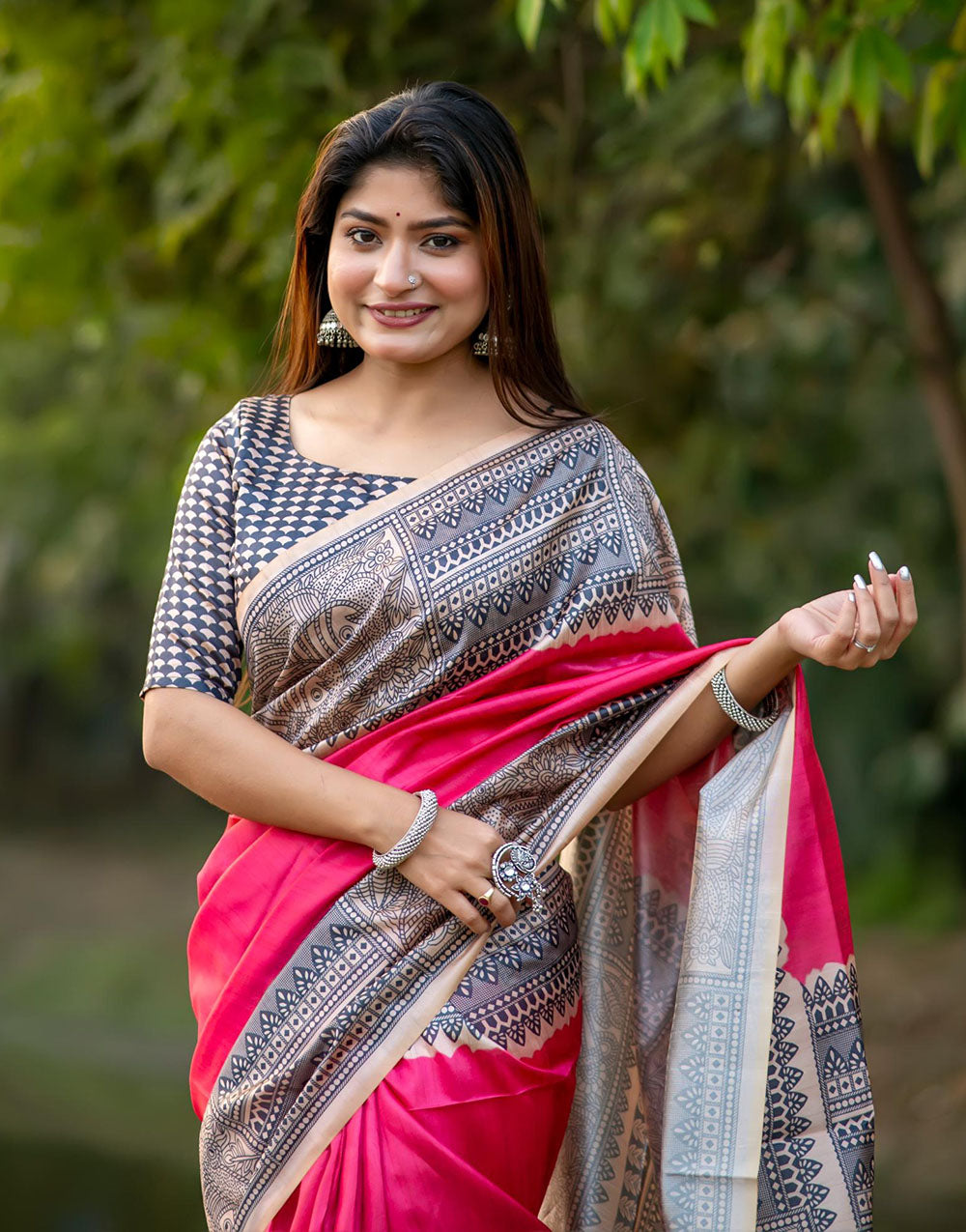 Pink Tussar Silk Saree With Madhubani Printed Work