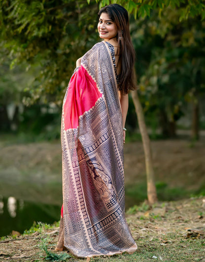 Pink Tussar Silk Saree With Madhubani Printed Work