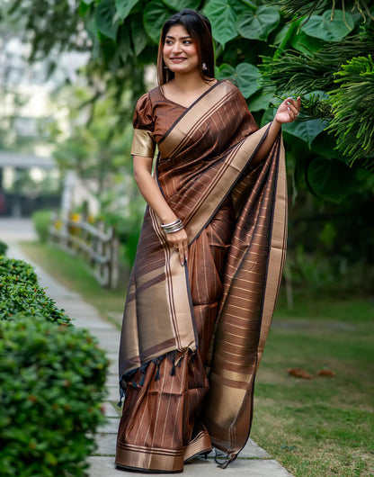 Brown Soft Banarasi Raw Silk Saree With Zari Lining Weaving Work