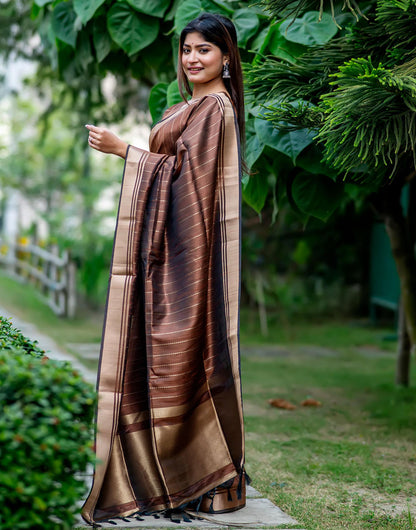 Brown Soft Banarasi Raw Silk Saree With Zari Lining Weaving Work