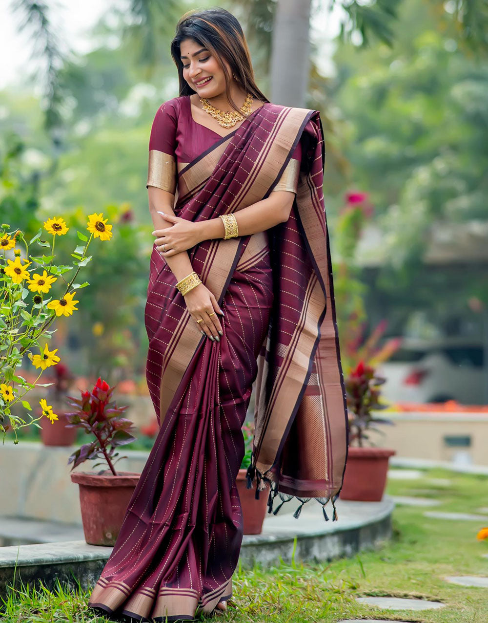 Athletic Maroon Soft Banarasi Raw Silk Saree With Zari Lining Weaving Work