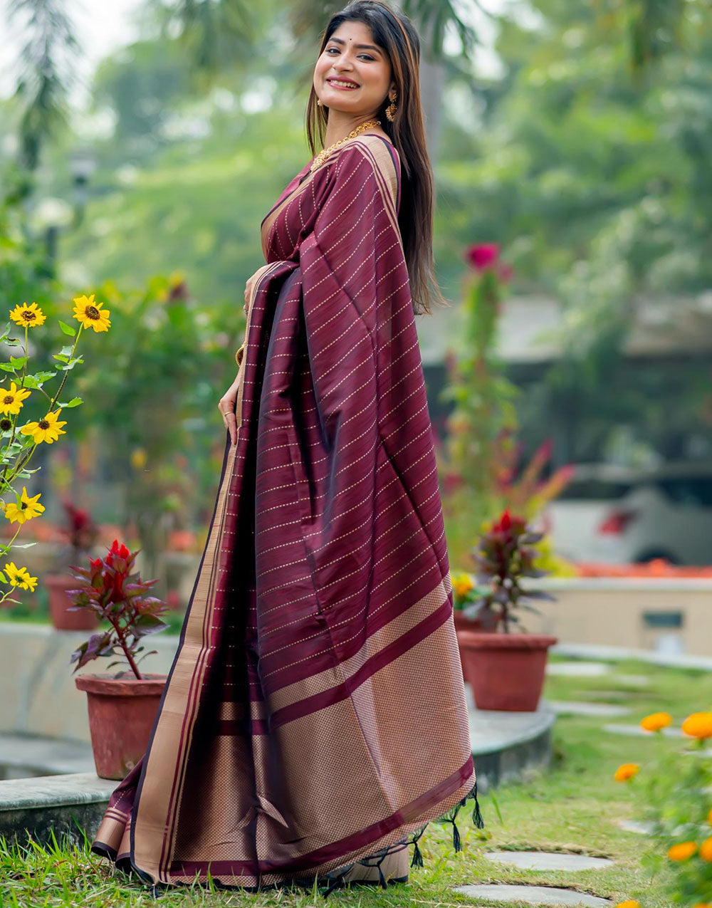 Athletic Maroon Soft Banarasi Raw Silk Saree With Zari Lining Weaving Work