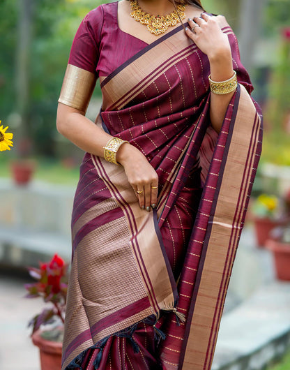 Athletic Maroon Soft Banarasi Raw Silk Saree With Zari Lining Weaving Work