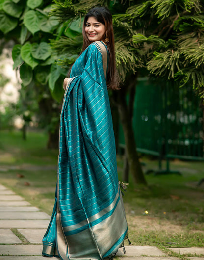 Firozi Soft Banarasi Raw Silk Saree With Zari Lining Weaving Work