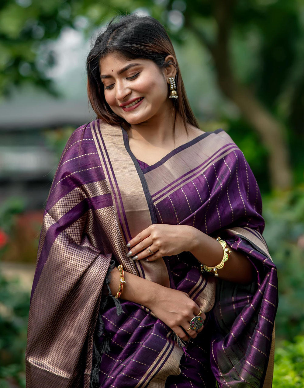 Purple Soft Banarasi Raw Silk Saree With Zari Lining Weaving Work