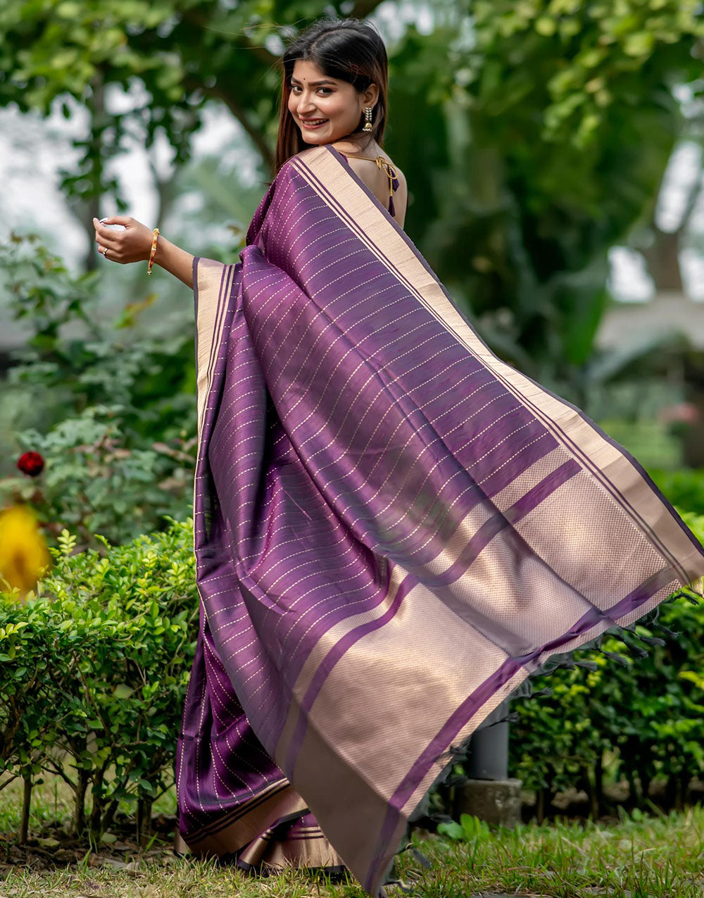 Purple Soft Banarasi Raw Silk Saree With Zari Lining Weaving Work