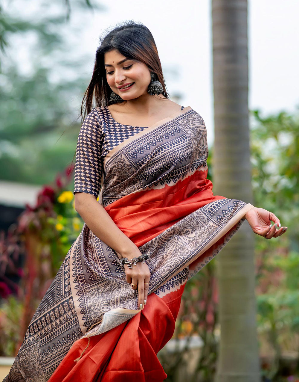 Orange Tussar Silk Saree With Madhubani Printed Work