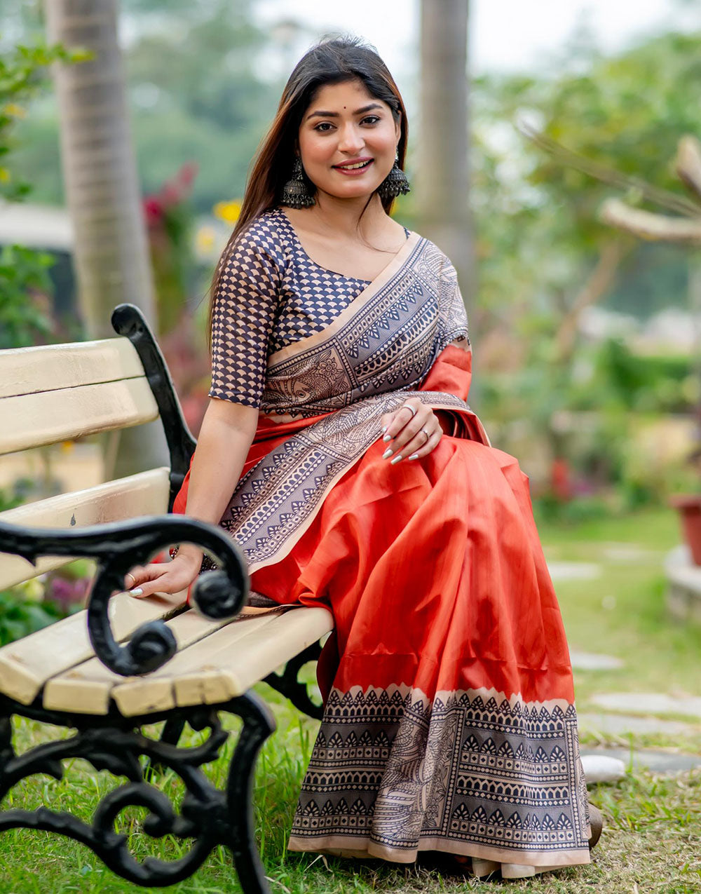 Orange Tussar Silk Saree With Madhubani Printed Work