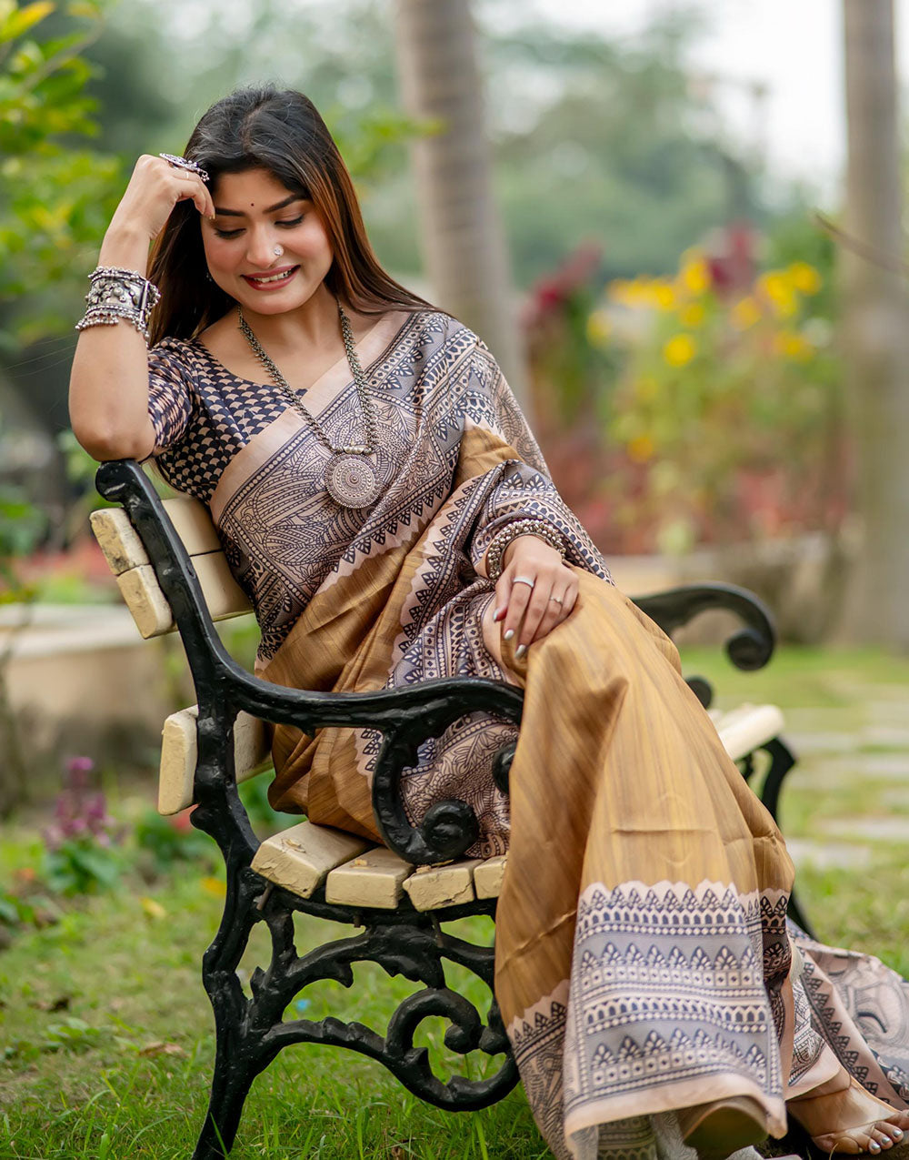 Tortilla Brown Tussar Silk Saree With Madhubani Printed Work