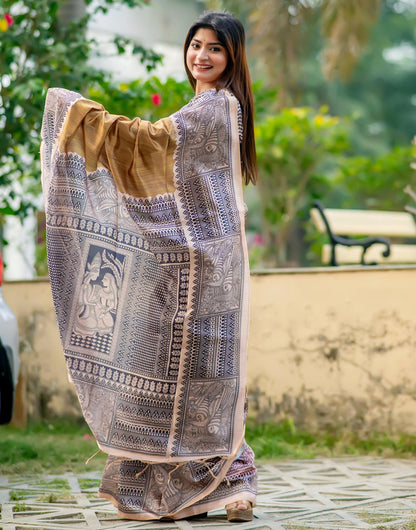 Tortilla Brown Tussar Silk Saree With Madhubani Printed Work