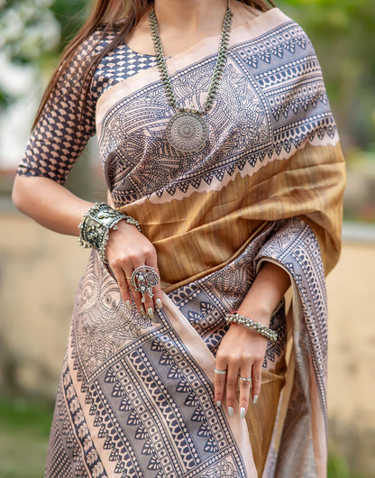 Tortilla Brown Tussar Silk Saree With Madhubani Printed Work